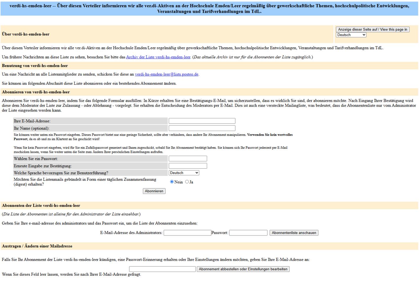 Eingabeformular zum Abonieren der Mailingliste