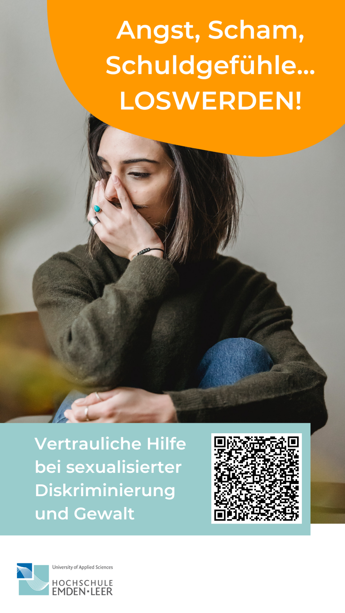 Foto nachdenkliche Frau - Ansgt, Scham, Schulgefühle LOSWERDEN -Vertrauliche Hilfe bei sexualisierter Diskriminierung und Gewalt