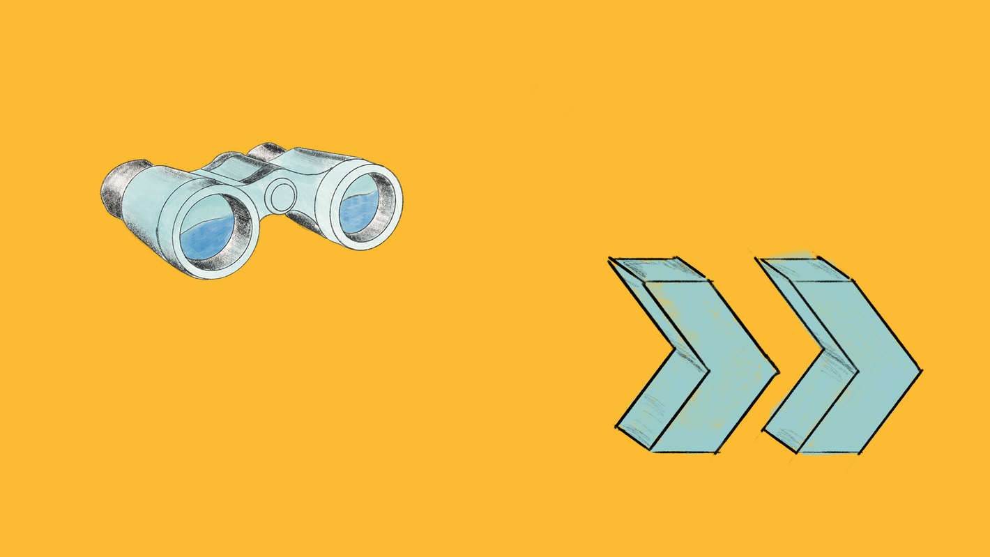 Zwei Icons, ein Fernglas und ein Pfeil nach rechts auf gelbem Grund