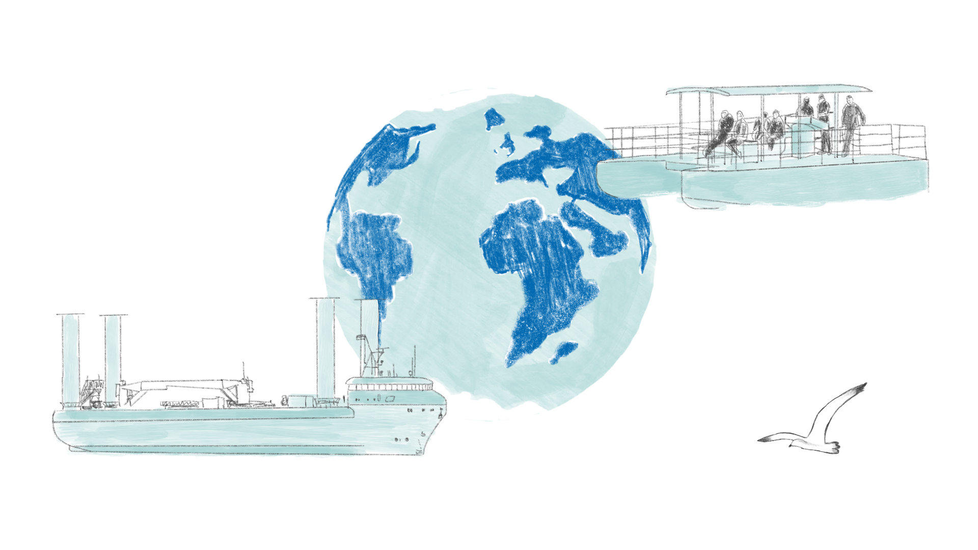 Illustration eines großen Schiffs mit Flatner-Rotoren und eines kleineren Katamarans mit nachhhaltigem E-Antrieb vor einer gezeichneten Weltkugel.