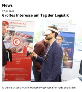 Mitteilung auf der Homepage der HS Emden/Leer zum Tag der Logistik Mitteilung auf der Homepage der HS Emden/Leer zum Tag der Logistik
